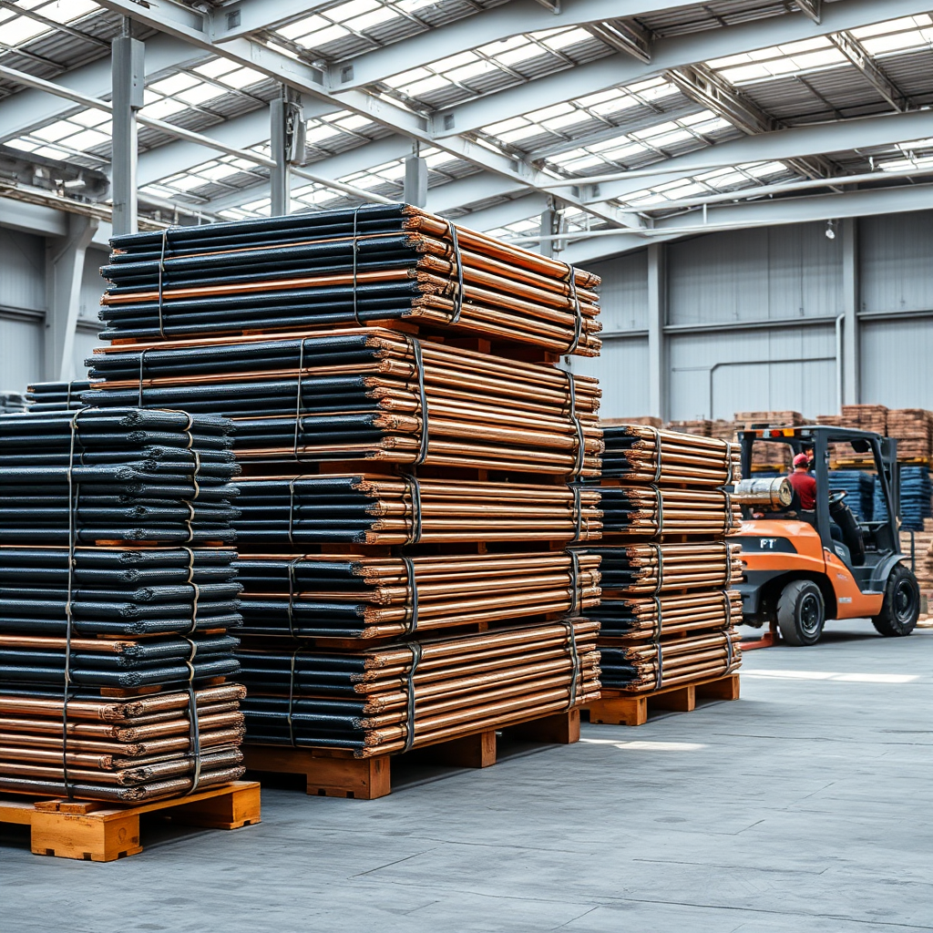 Industrial metals trading scene with copper cathodes or steel coils in a clean warehouse environment